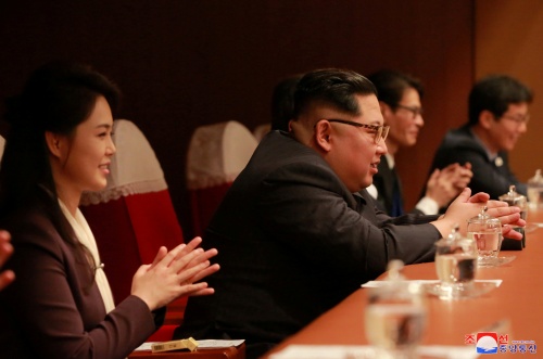 North Korean leader Kim Jong Un and his wife Ri Sol Ju watch South Korean K-pop singers perform in North Korea